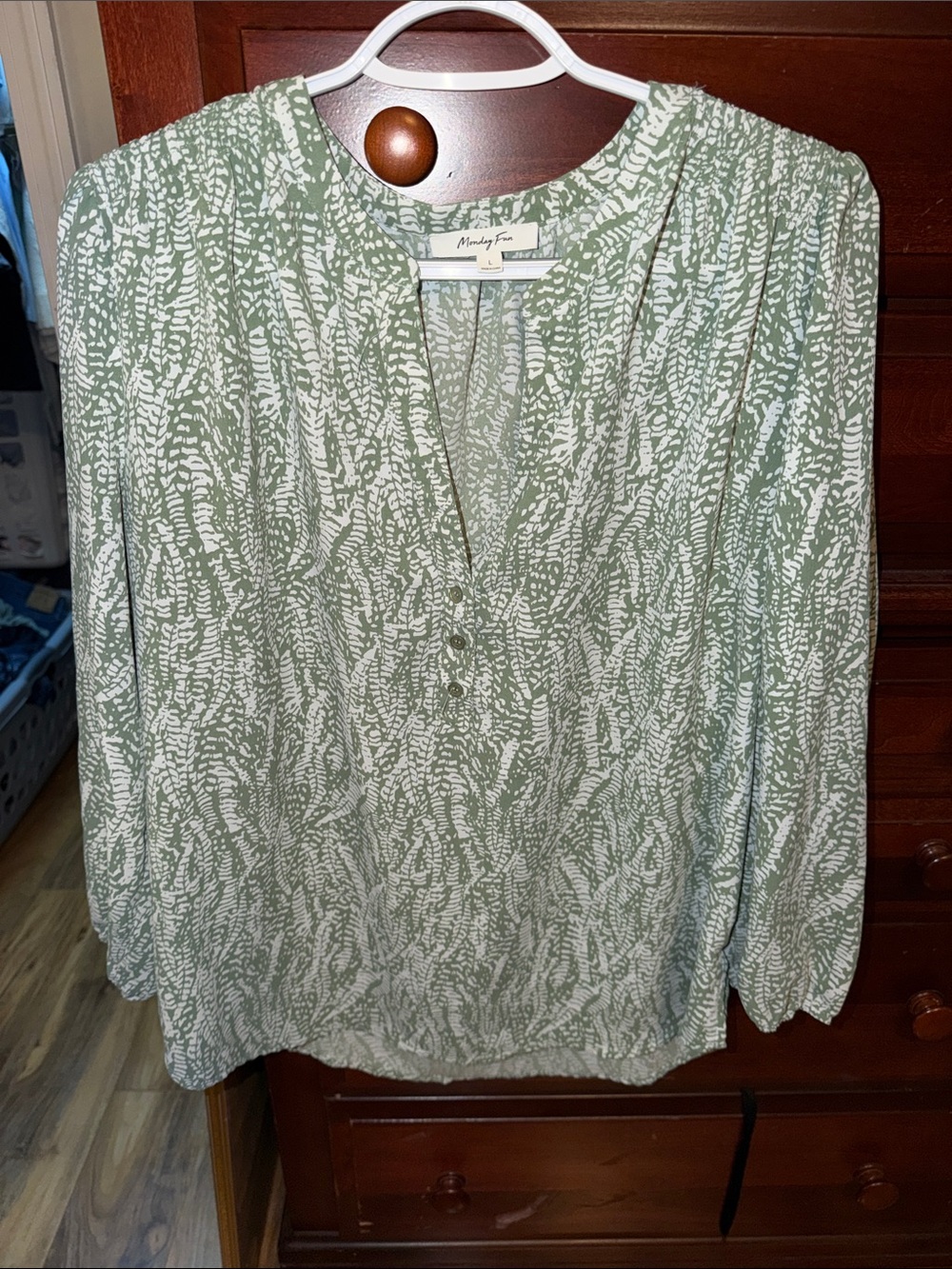 Madewell Sage Green & White Printed V-Neck Blouse